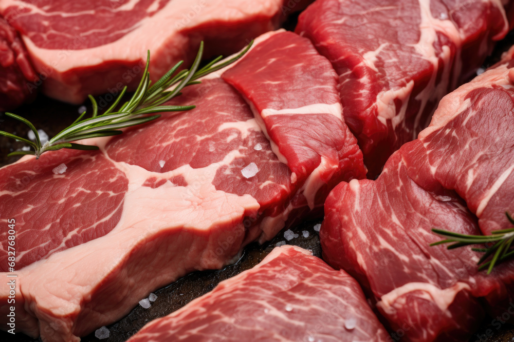 Marbled meat, top blade meat steak, on table background, with copy space for text.