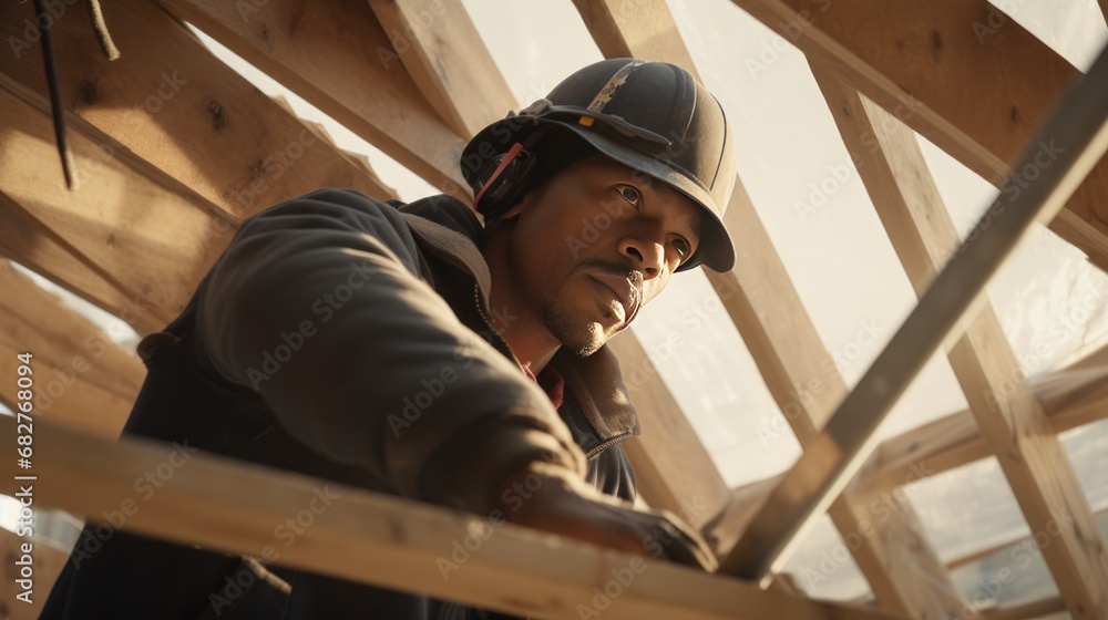 A male roofer is in the process of strengthening the wooden structures of the roof of a house. A middle-aged African American man is working on the construction of a wooden frame house.