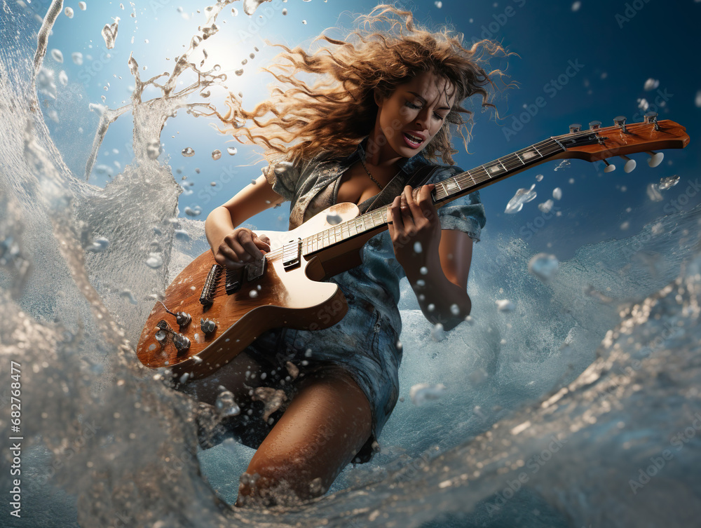 Obraz premium Young female in blue clothing and long curly hair. woman, girl playing on electric guitar on summer sunset coast. beach party concert. water splashing from waves. summertime season. Generative ai.