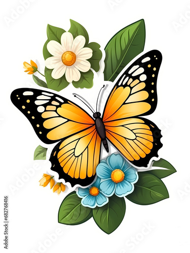 Adorn your space with this adorable sticker featuring a charming cartoon style butterfly surrounded by delicate flowers. The white border adds a touch of elegance. © eaglesky