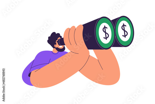 Searching money, finance opportunities, financial goal. Man looking through binoculars, seeing investment income, earnings growth, success. Flat vector illustration isolated on white background