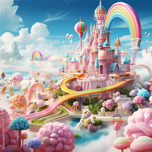 Fototapeta Amusement park colorful candies clouds rainbows fairies candy