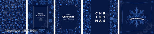 Patterned Blue Merry Christmas Templates for posters, invitations, greeting cards, prints. Set of Christmas holiday themed backgrounds with patterns of xmas doodles and icons. Vector Illustration. 