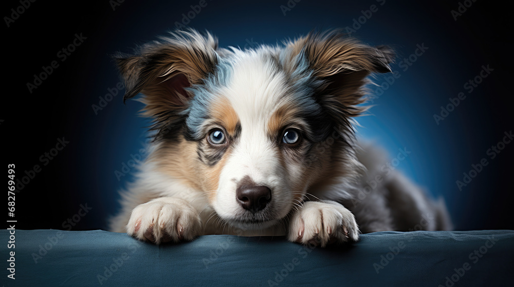 Curious Canine Gaze: Border Collie Puppy Peeking Playfully from a Vivid Blue Backdrop - Generative AI Curious Canine Gaze: Border Collie Puppy Peeking Playfully from a Vivid Blue Backdrop - Generative AI