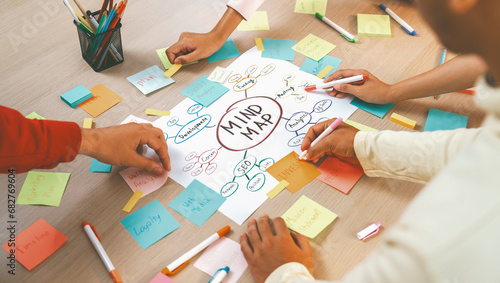 Professional startup group share creative marketing idea by using mind map. Young skilled business people brainstorm business plan while writing sticky notes. Focus on hand. Closeup. Variegated. photo