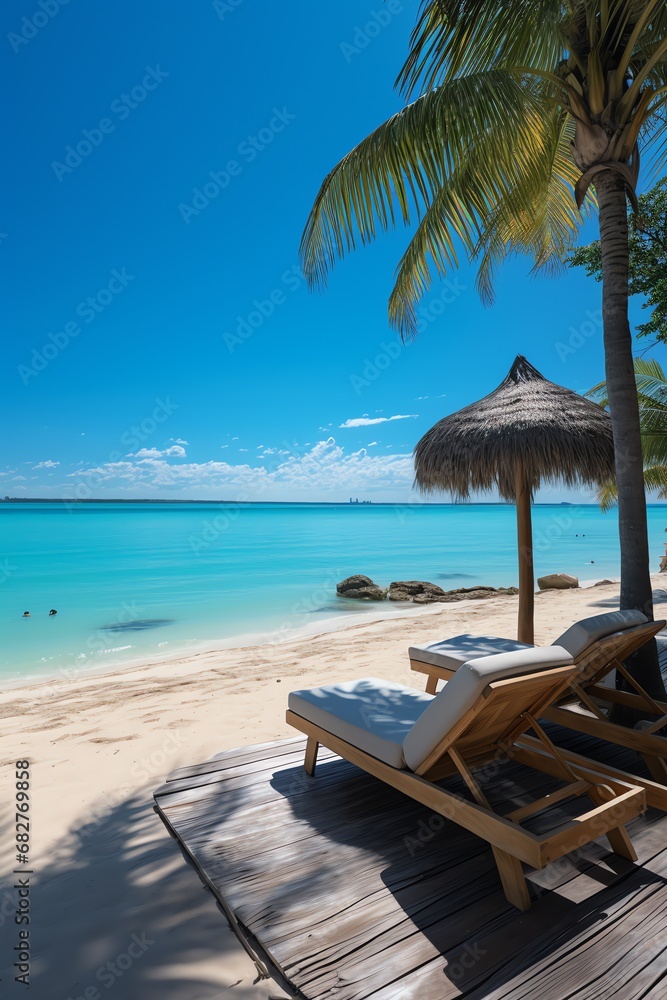 chairs on a beach with palm trees and a straw umbrella