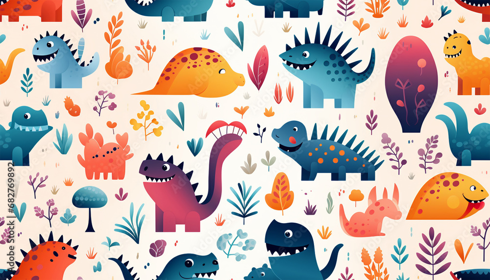 Fototapeta premium Adorable seamless pattern with funny dinosaurs in cartoon. Ideal for cards, invitations, party, banners, kindergarten, baby shower, preschool and children room decoration