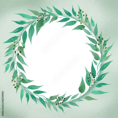 watercolor wreath with green and blue leaves, illustration, sketch, green color, herbal ornament with round white background