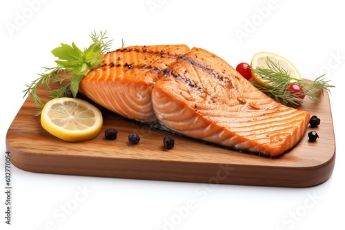 a piece of salmon with lemons and herbs on a wooden cutting board