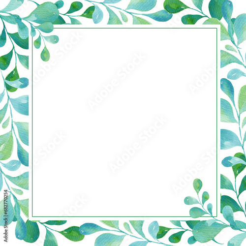 watercolor square frame with green and blue leaves, gradient in illustration, sketch, green and blue color, herbal ornament isolated on white background