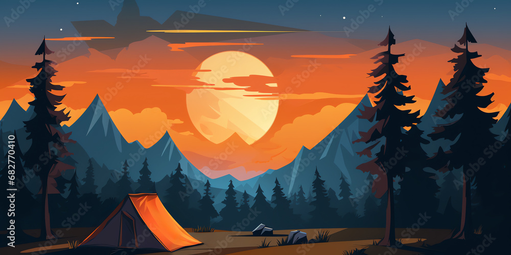 a tent in a forest at sunset
