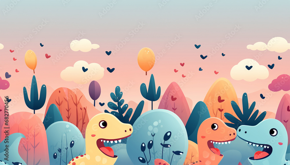 Obraz premium Adorable seamless pattern with funny dinosaurs in cartoon. Ideal for cards, invitations, party, banners, kindergarten, baby shower, preschool and children room decoration