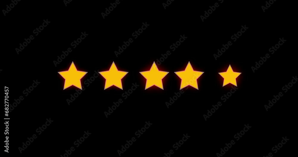 4k glowing Five star rating review animation on black background. Customer feedback 5 star rating 4k glowing Five star rating review animation on black background. Customer feedback 5 star rating