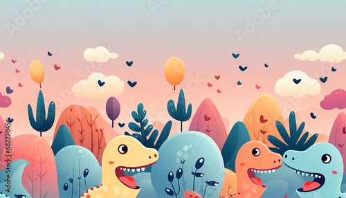 Adorable seamless pattern with funny dinosaurs in cartoon. Ideal for cards, invitations, party, banners, kindergarten, baby shower, preschool and children room decoration © annebel146
