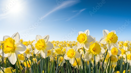 a field of daffodils with blue sky and clouds