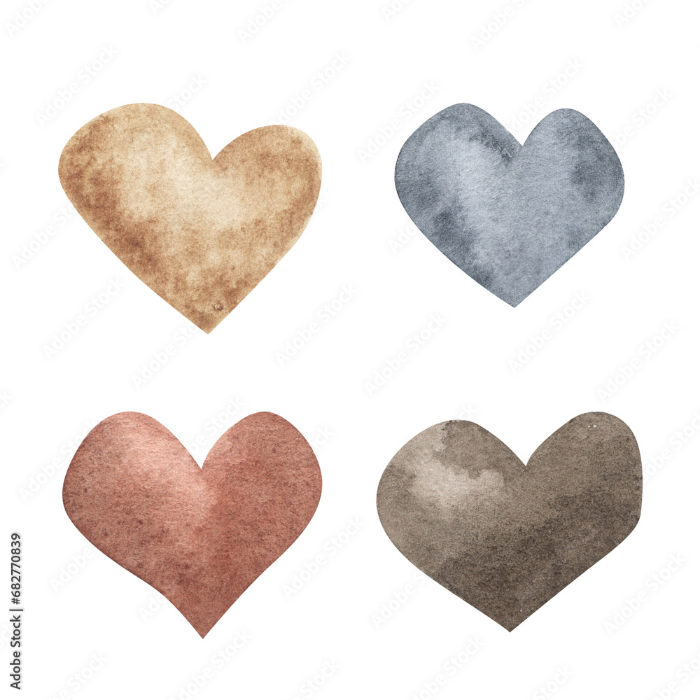 Watercolor boho beige hearts set. Hand drawn watercolor illustration isolated on white background. For design, nursery, decor, stickers