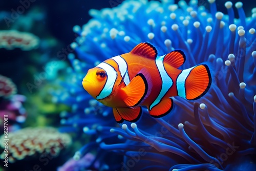 a clown fish swimming in anemone