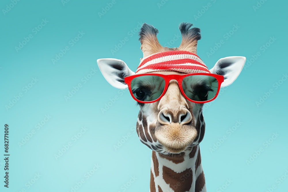 a giraffe wearing sunglasses and a hat