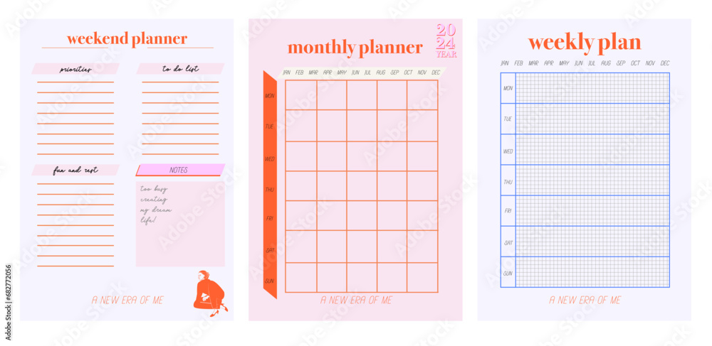 Collection of planners templates. Blank vertical notepad page. Business Organizer. Calendar daily, weekly, monthly, yearly, habit tracker, project, notes, goals. Editable vector illustration - obrazy, fototapety, plakaty 