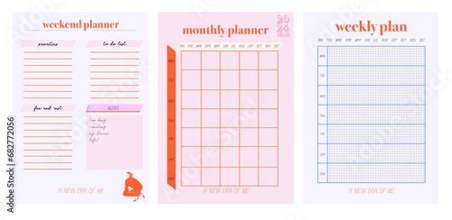 Collection of planners templates. Blank vertical notepad page. Business Organizer. Calendar daily, weekly, monthly, yearly, habit tracker, project, notes, goals. Editable vector illustration