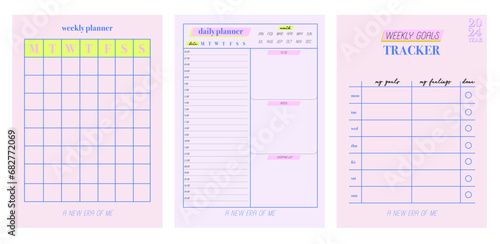 Collection of planners templates. Blank vertical notepad page. Business Organizer. Calendar daily, weekly, monthly, yearly, habit tracker, project, notes, goals. Editable vector illustration