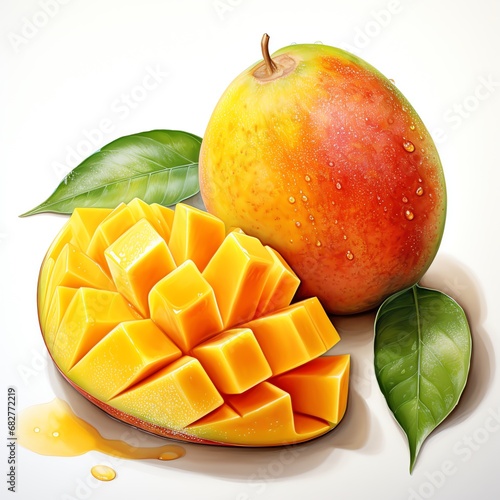 a mango with leaves and a slice of mango