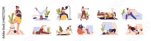 Pregnancy sport exercise set. Happy pregnant women training, workout. Prenatal yoga, meditating. Mothers with belly care about body, health. Flat isolated vector illustration on white background