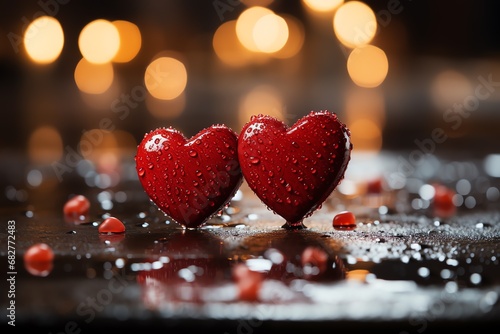 two red hearts with water drops on them