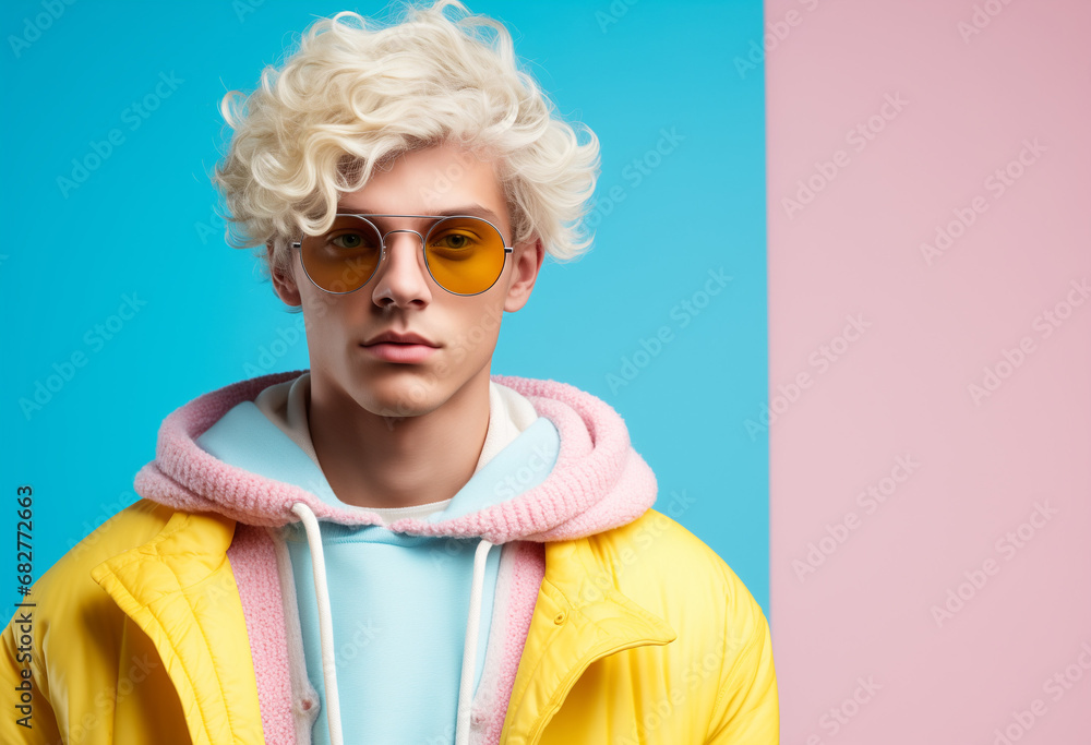 Beautiful man in pastel color clothes style at colored bacground.. Beautiful man in pastel color clothes style at colored bacground..