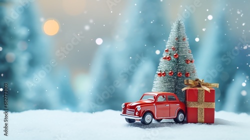 a toy car carrying a present next to a small christmas tree