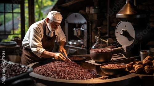 Wide horizontal photograph of an Arabic farmer working on traditional premium coffee quality checking and processing in a grinding mill   photo