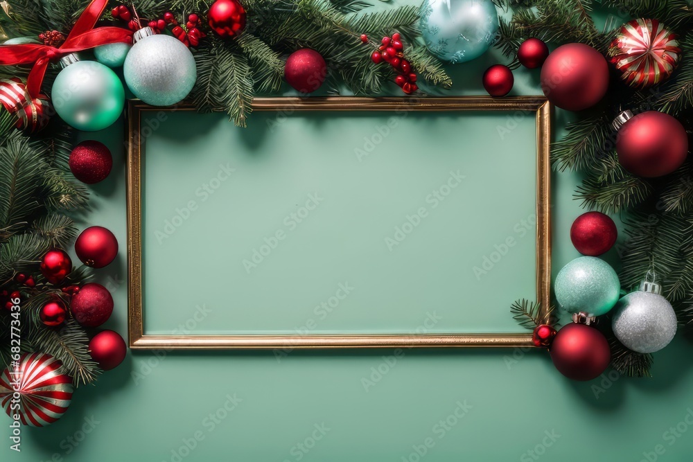 Merry Christmas frame border on mint green paper background with ornaments