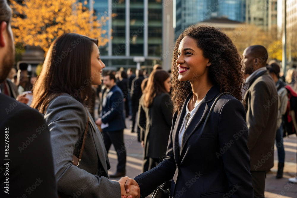 A precious scene of a smiling blonde woman in a suit shaking hands with another businessman in a bustling city square with warm sunlight. Generative AI. A precious scene of a smiling blonde woman in a suit shaking hands with another businessman in a bustling city square with warm sunlight. Generative AI.