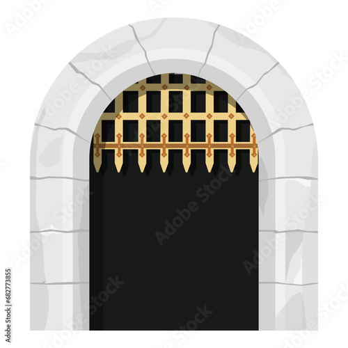 Castle wooden gate, medieval cartoon entrance grate, stone arch