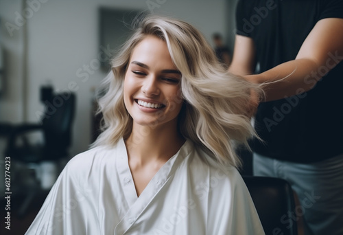 a beautiful blonde model woman in the hairdresser salon gets a new haircut, dyes her hair and style it. sitting on the chair and talks to the hairstylist. photo