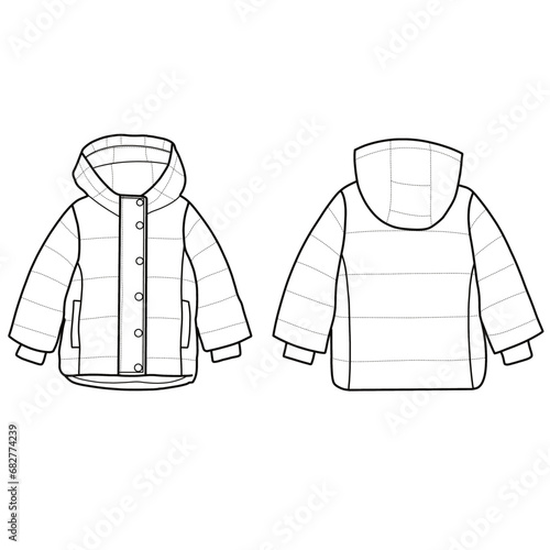 Hooded puffer jacket for kids. Outerwear jackets technical fashion illustration. Flat coat template front and back view.