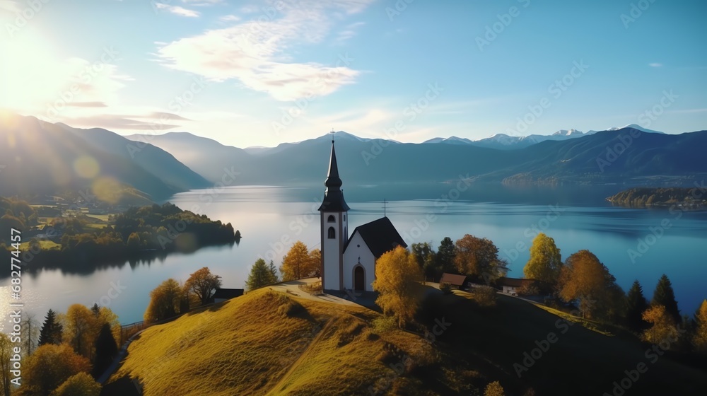 a church on a hill with a lake and mountains in the background - obrazy, fototapety, plakaty 