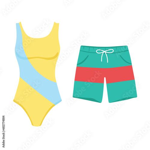 Vector illustration woman's swimsuit and man's swimming shorts