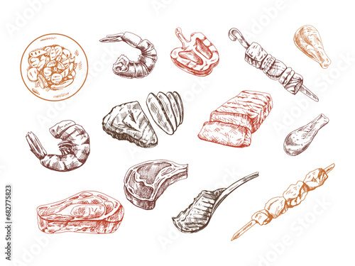 A set of hand-drawn sketches of different types of meat, steaks, shrimp, chicken, grilled vegetables, barbecue. Doodle vintage illustration. Engraved image.