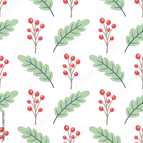 Winter seamless pattern with green oak leaves and red berry