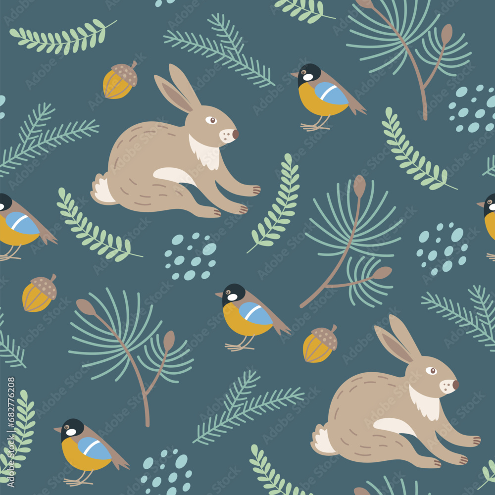 Obraz premium Pattern with green fir branch, acorn and rabbit.