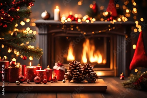 fireplace with christmas decorations, cosy home interior background Table top with blurred fireplace, Ai Generate