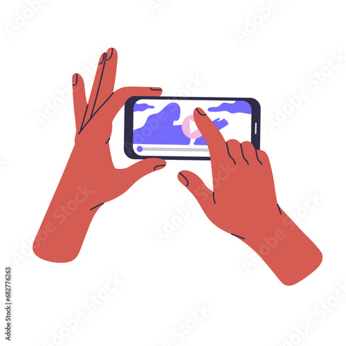 Person holds smartphone in hands, press on play button in online video player. People watching movie on internet streaming platform on phone. Flat isolated vector illustration on white background