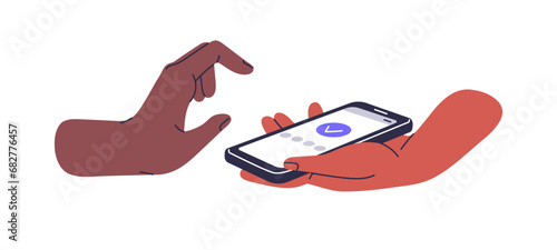 People hold smartphone in hand, press on phone screen. User check approve payment, accept agreement. Complete operation, success, mobile vote. Flat isolated vector illustration on white background