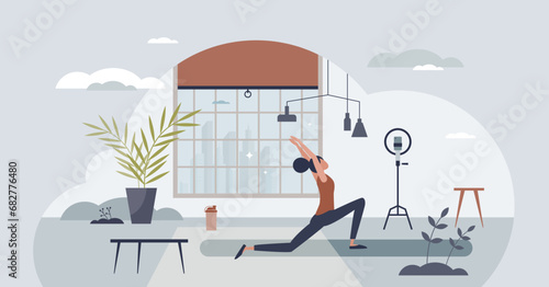 Yoga meditation practices online and stretching exercises tiny person concept. Distant activity streaming with fitness training video vector illustration. Body health lesson using digital course.