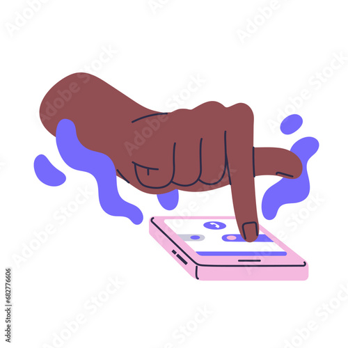 People using smartphone for communication. Hand finger touch, press on phone screen. Person send message in messenger app. Conversation in online chat. Flat isolated vector illustration on white