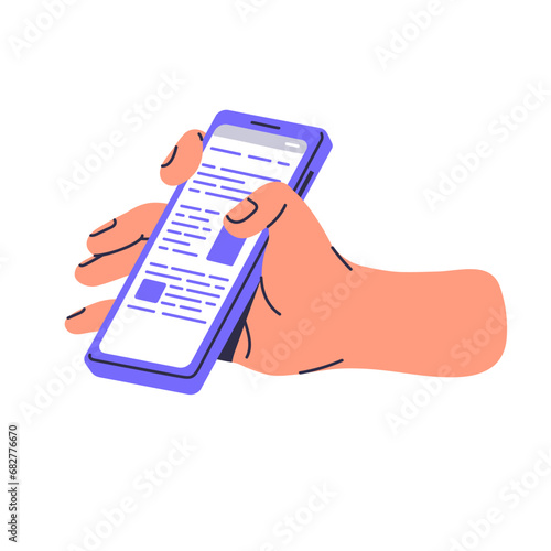 People hold cellphone in hand, show screen. Person reading news, scroll feed, surf internet in mobile phone. Browser search results on smartphone display. Flat isolated vector illustration on white