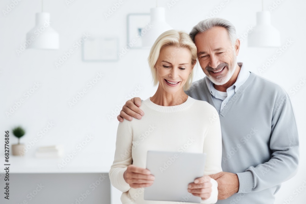 Fototapeta premium Elderly couple at home, enjoying communication with technology, using tablet for online activities.