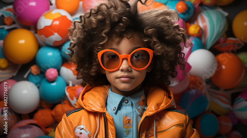 Little Girl in Colorful Room with Orange Glasses: A Moment of Innocence and Curiosity. © oraziopuccio