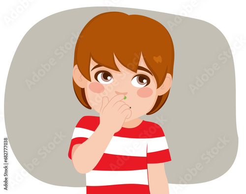 Funny child picking his nose vector illustration. Kid holding green mucus childhood bad habits concept